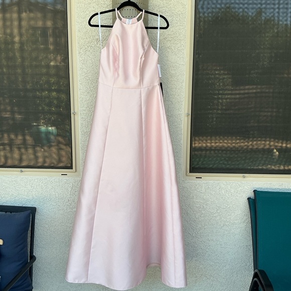 NWT Alfred Sung Jewel Neck Halter A-Line Satin Twill Maxi Dress Size 6 D874 Chic - Picture 3 of 11